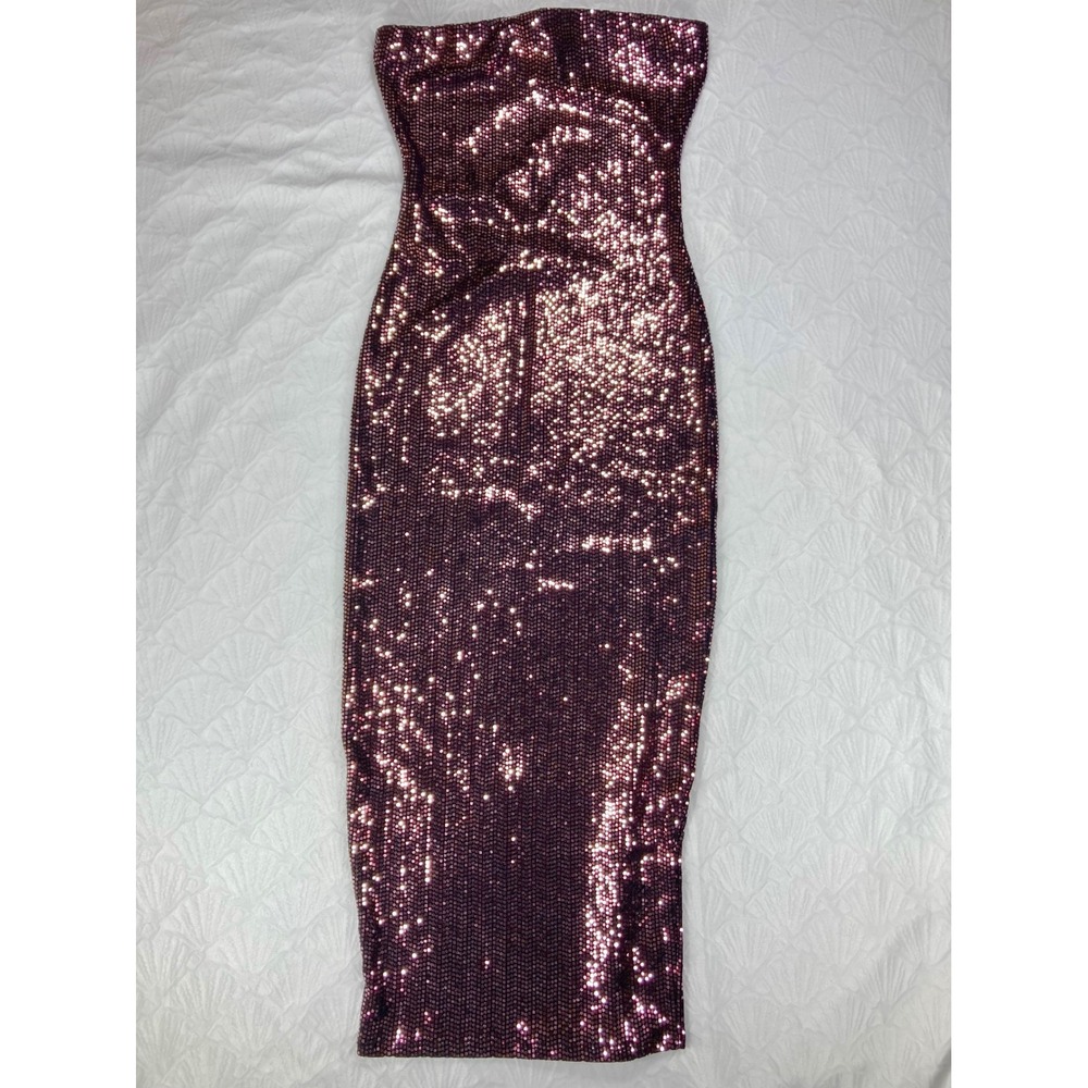 Black Bead Strapless Sequin Bodycon Midi Dress Womens S Rose Gold Party Disco